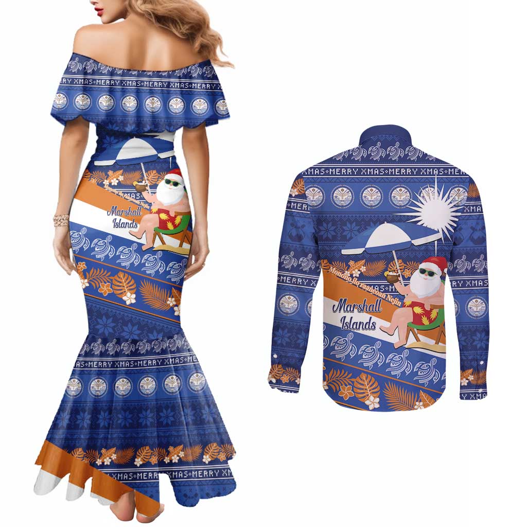 Marshall Islands Christmas Couples Matching Mermaid Dress and Long Sleeve Button Shirt Beachy Santa Monono ilo raaneoan Nejin - Polynesian Pride