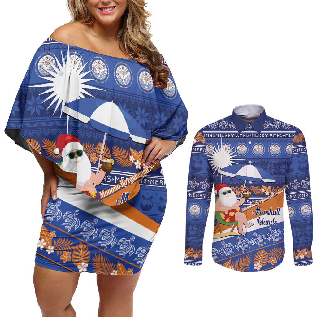 Marshall Islands Christmas Couples Matching Off Shoulder Short Dress and Long Sleeve Button Shirt Beachy Santa Monono ilo raaneoan Nejin - Polynesian Pride