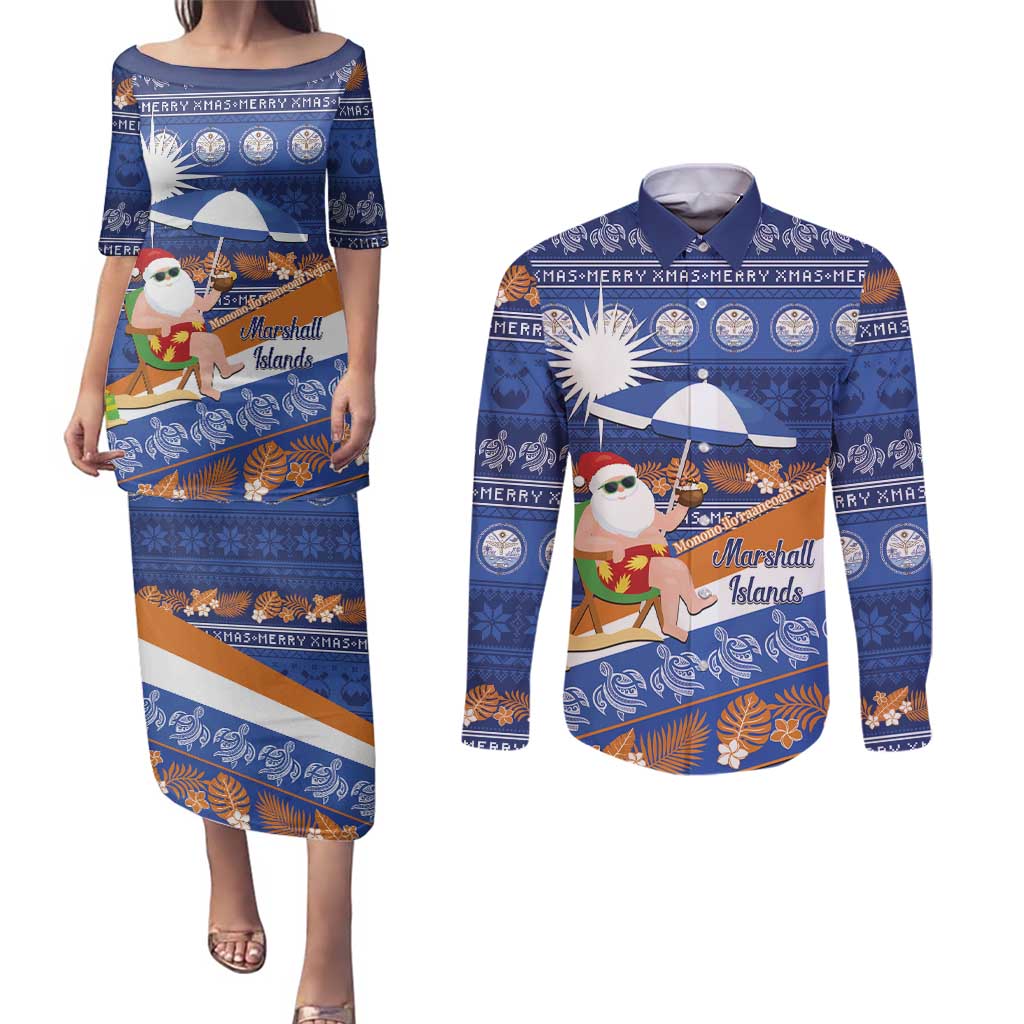 Marshall Islands Christmas Couples Matching Puletasi and Long Sleeve Button Shirt Beachy Santa Monono ilo raaneoan Nejin - Polynesian Pride