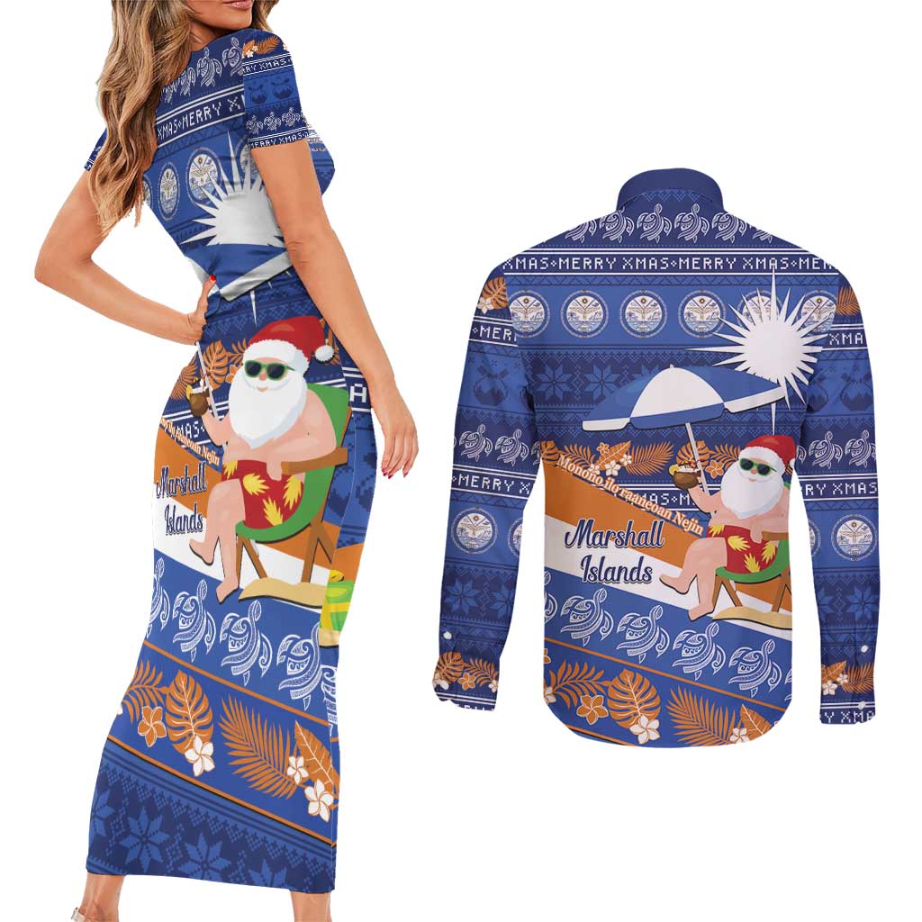 Marshall Islands Christmas Couples Matching Short Sleeve Bodycon Dress and Long Sleeve Button Shirt Beachy Santa Monono ilo raaneoan Nejin - Polynesian Pride