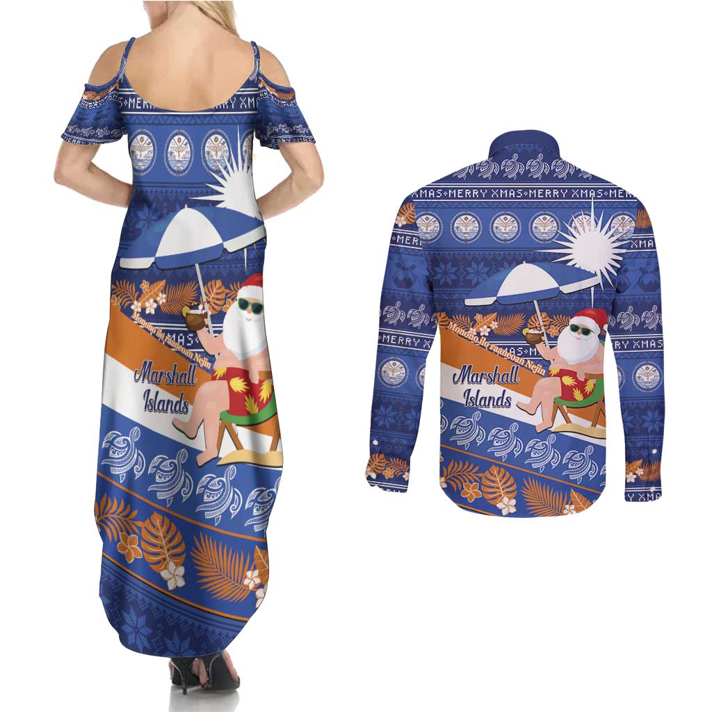 Marshall Islands Christmas Couples Matching Summer Maxi Dress and Long Sleeve Button Shirt Beachy Santa Monono ilo raaneoan Nejin - Polynesian Pride
