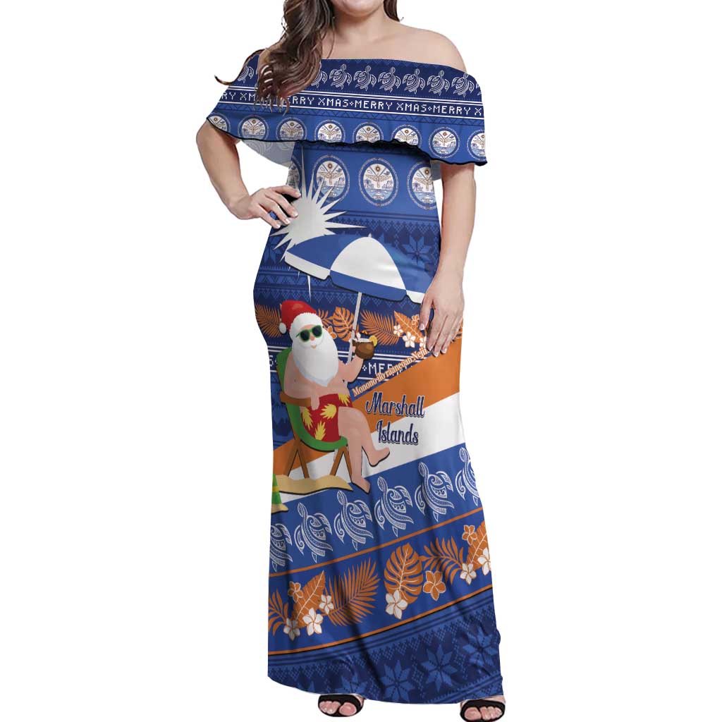 Marshall Islands Christmas Off Shoulder Maxi Dress Beachy Santa Monono ilo raaneoan Nejin LT14 Women Blue - Polynesian Pride
