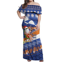 Marshall Islands Christmas Off Shoulder Maxi Dress Beachy Santa Monono ilo raaneoan Nejin LT14 Women Blue - Polynesian Pride