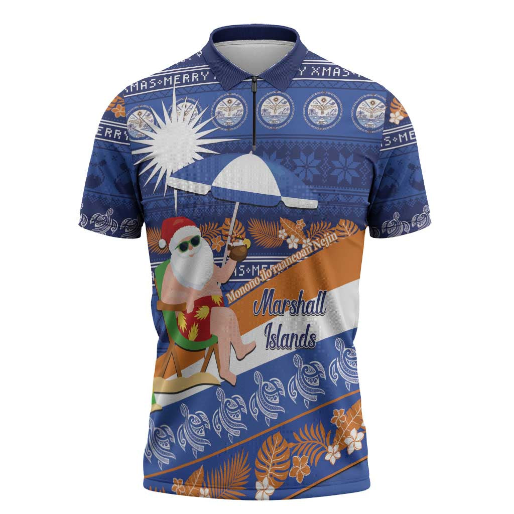 Marshall Islands Christmas Zipper Polo Shirt Beachy Santa Monono ilo raaneoan Nejin - Polynesian Pride
