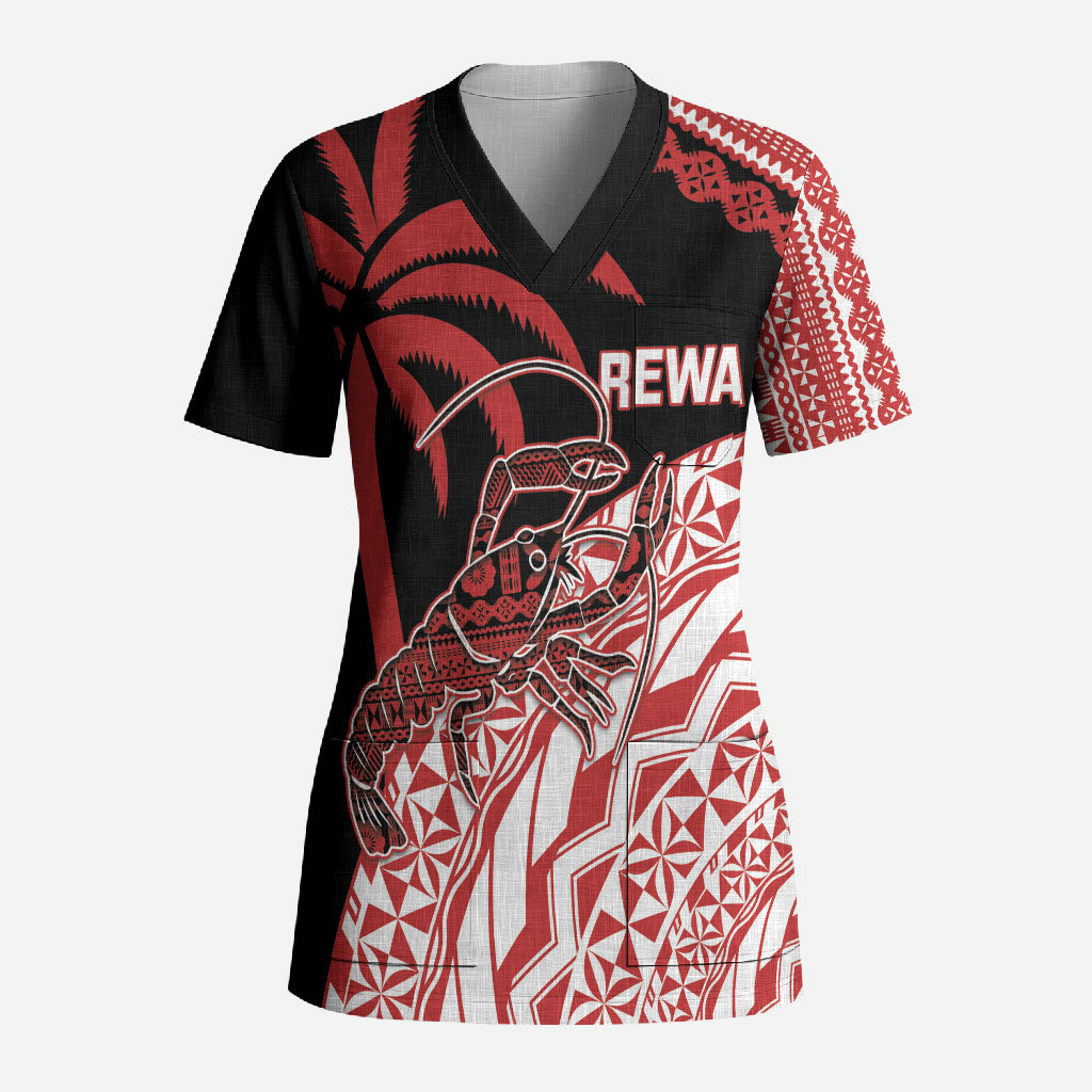 Rewa Fiji 2026 Rugby Custom Scrub Top Ura Prawn Fijian Tapa Pattern LT14 Adult Red - Polynesian Pride