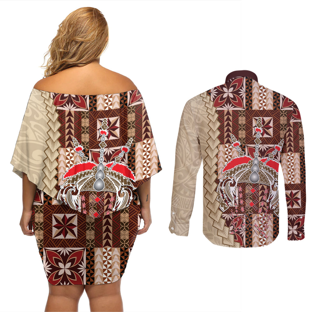 Samoa Tapau Couples Matching Off Shoulder Short Dress and Long Sleeve Button Shirt Samoan Siapo Pattern LT14 - Polynesian Pride