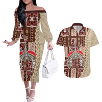 Samoa Tapau Couples Matching Off The Shoulder Long Sleeve Dress and Hawaiian Shirt Samoan Siapo Pattern LT14 Brown - Polynesian Pride
