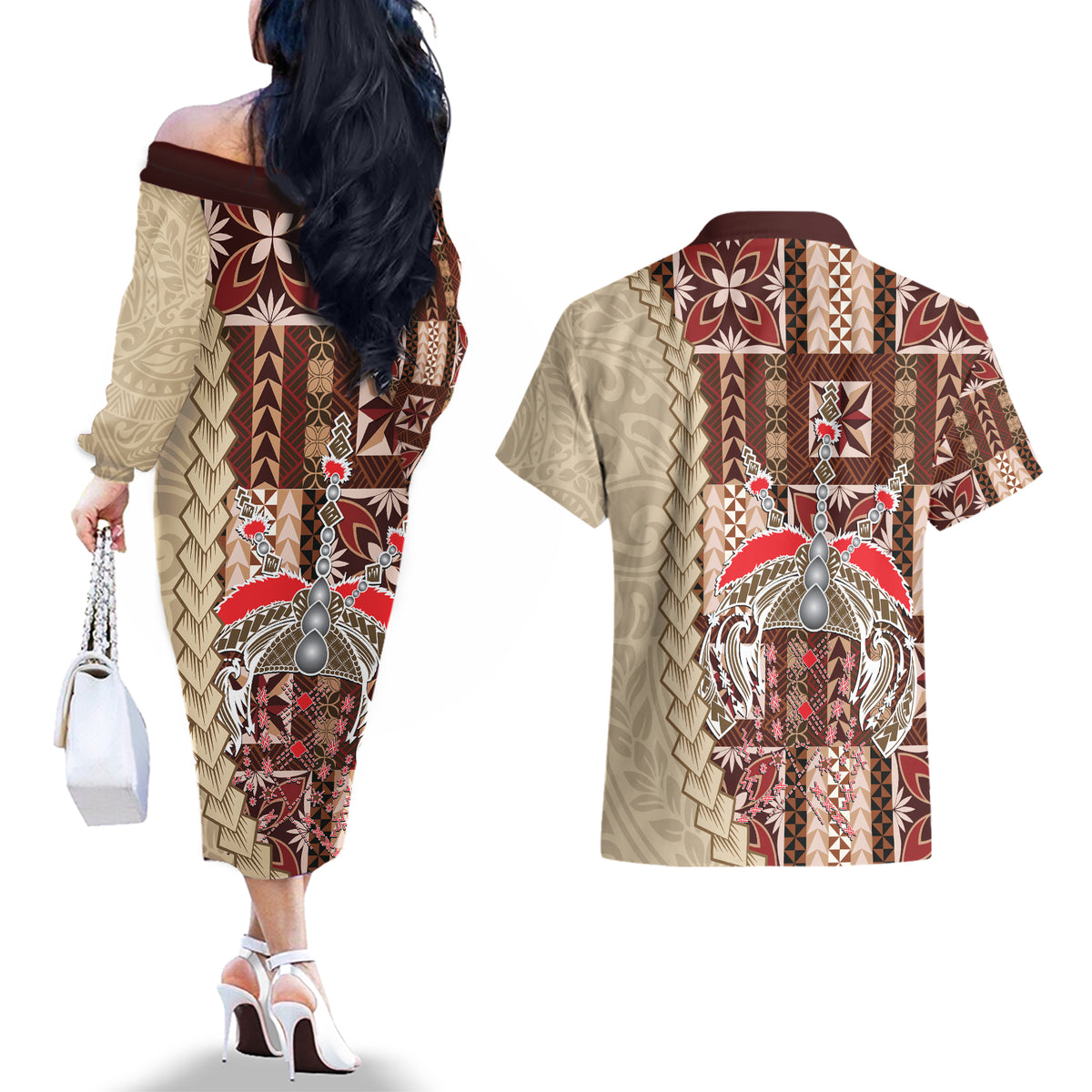 Samoa Tapau Couples Matching Off The Shoulder Long Sleeve Dress and Hawaiian Shirt Samoan Siapo Pattern LT14 - Polynesian Pride
