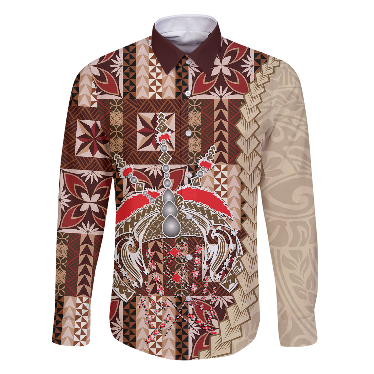 Samoa Tapau Family Matching Tank Maxi Dress and Hawaiian Shirt Samoan Siapo Pattern LT14 Dad's Shirt - Long Sleeve Brown - Polynesian Pride