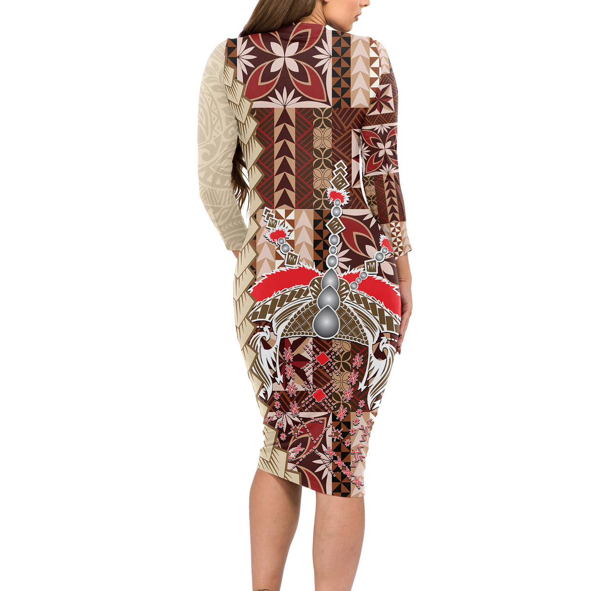 Samoa Tapau Long Sleeve Bodycon Dress Samoan Siapo Pattern LT14 - Polynesian Pride