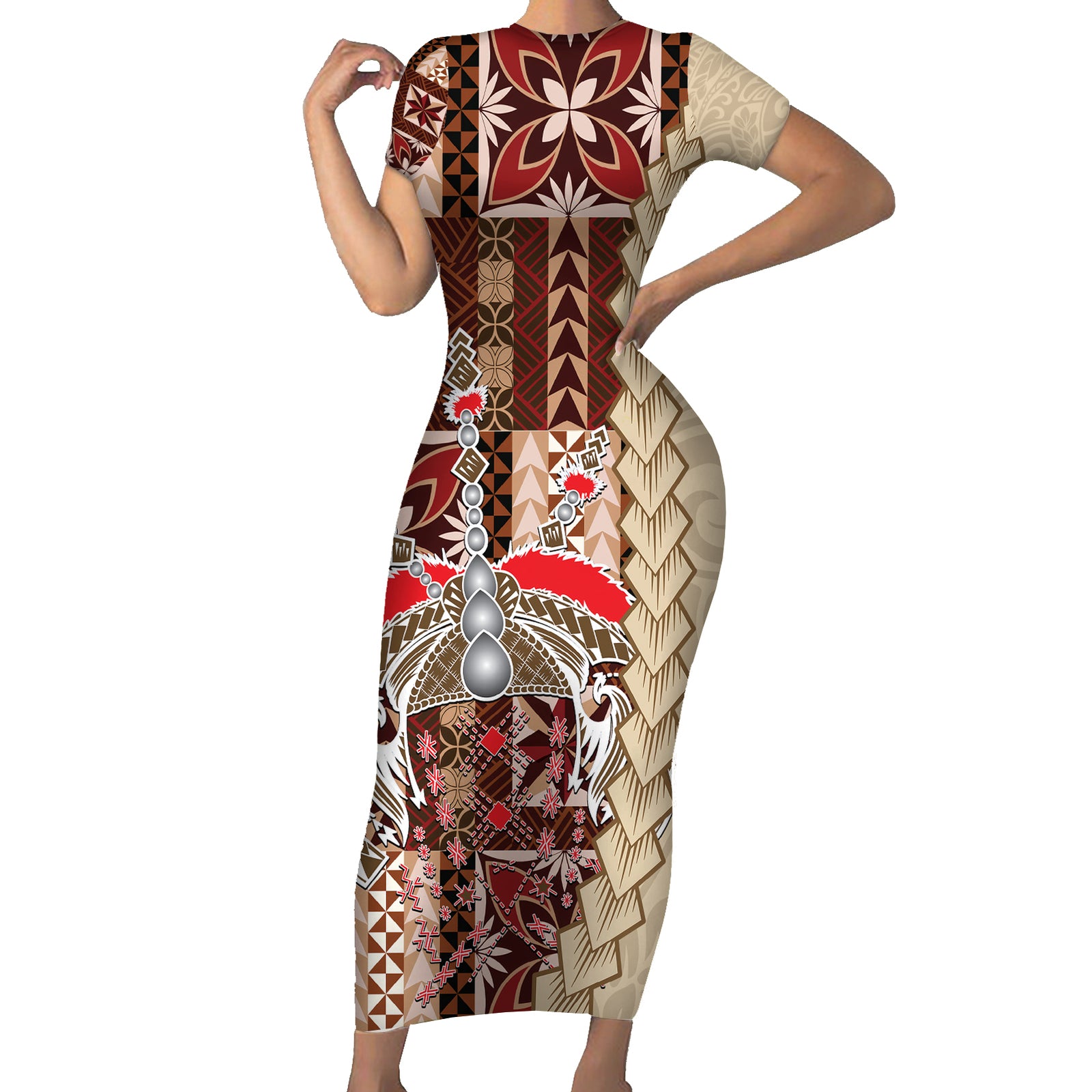 Samoa Tapau Short Sleeve Bodycon Dress Samoan Siapo Pattern LT14 Long Dress Brown - Polynesian Pride