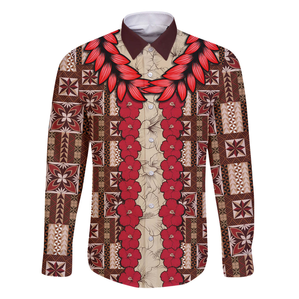 Samoa Siapo Family Matching Off Shoulder Maxi Dress and Hawaiian Shirt Tapa Pattern Mix Ula Fala Hibiscus LT14 Dad's Shirt - Long Sleeve Brown - Polynesian Pride