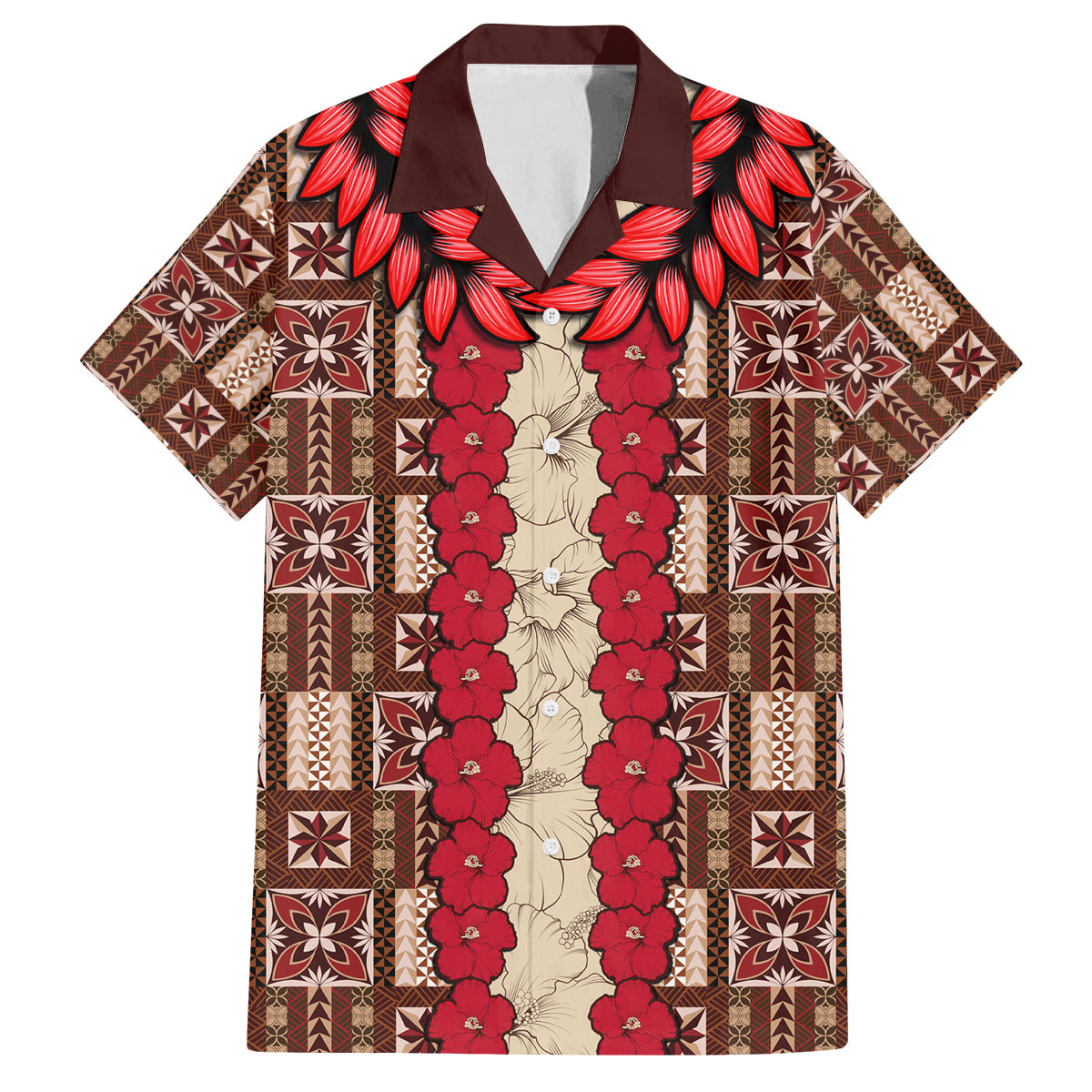 Samoa Siapo Family Matching Summer Maxi Dress and Hawaiian Shirt Tapa Pattern Mix Ula Fala Hibiscus LT14 Dad's Shirt - Short Sleeve Brown - Polynesian Pride