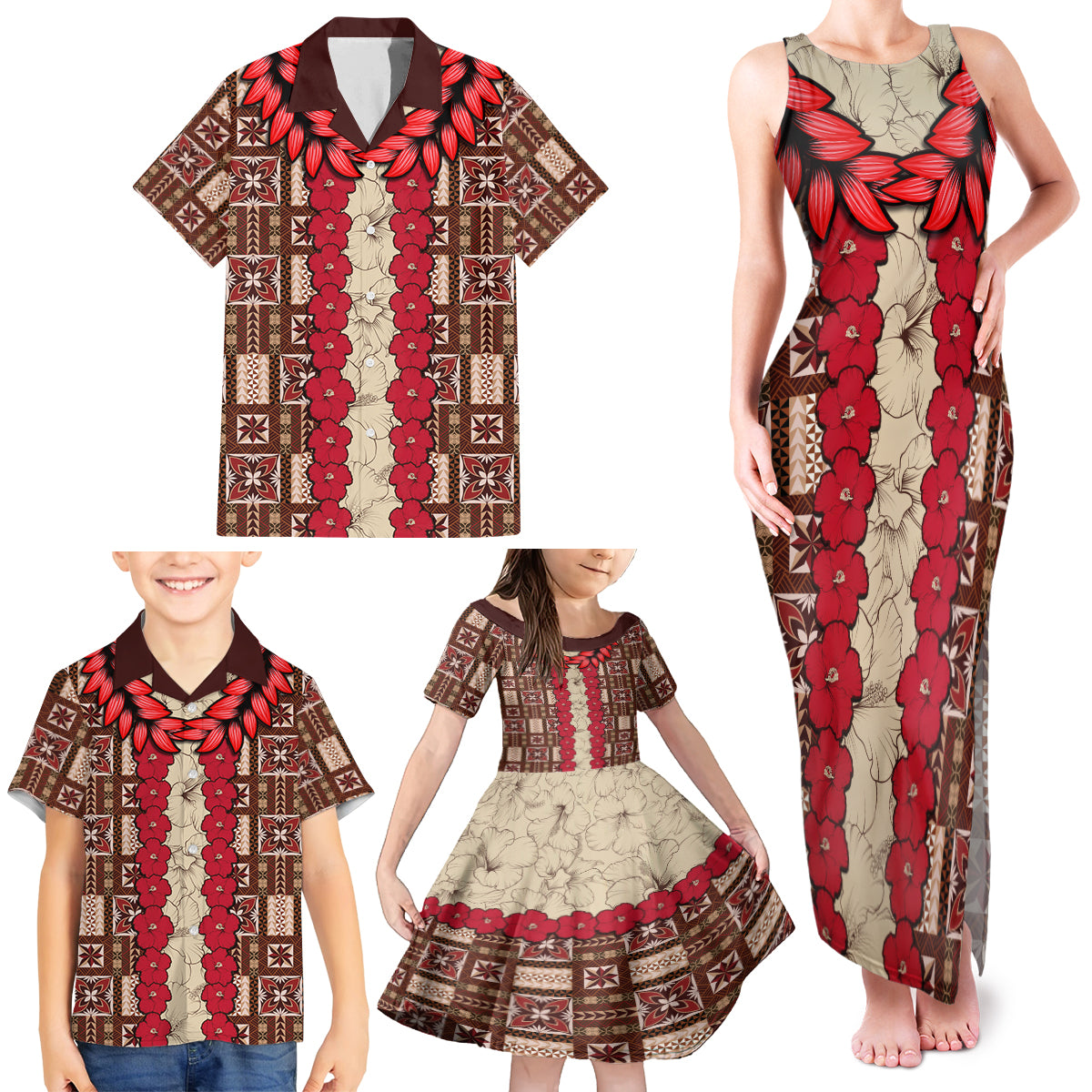 Samoa Siapo Family Matching Tank Maxi Dress and Hawaiian Shirt Tapa Pattern Mix Ula Fala Hibiscus LT14 - Polynesian Pride