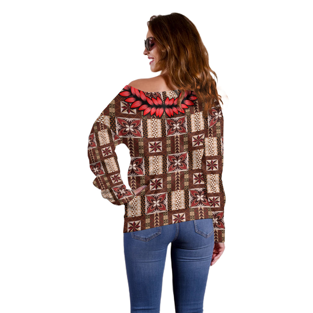 Samoa Siapo Off Shoulder Sweater Tapa Pattern Mix Ula Fala Hibiscus LT14 - Polynesian Pride