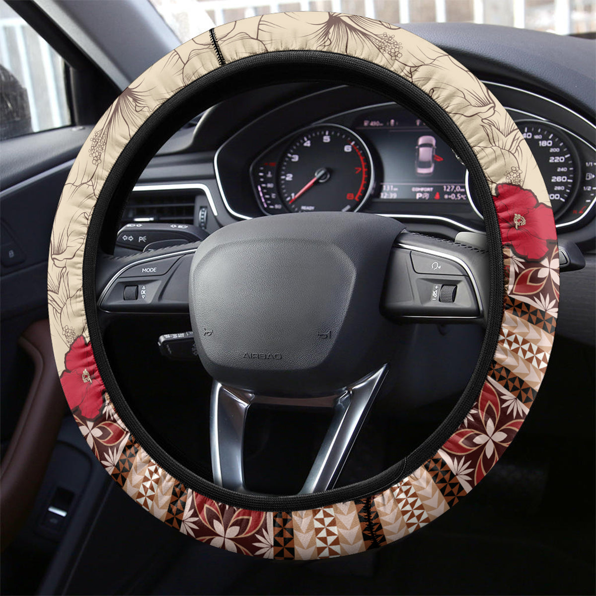 Samoa Siapo Steering Wheel Cover Tapa Pattern Mix Ula Fala Hibiscus