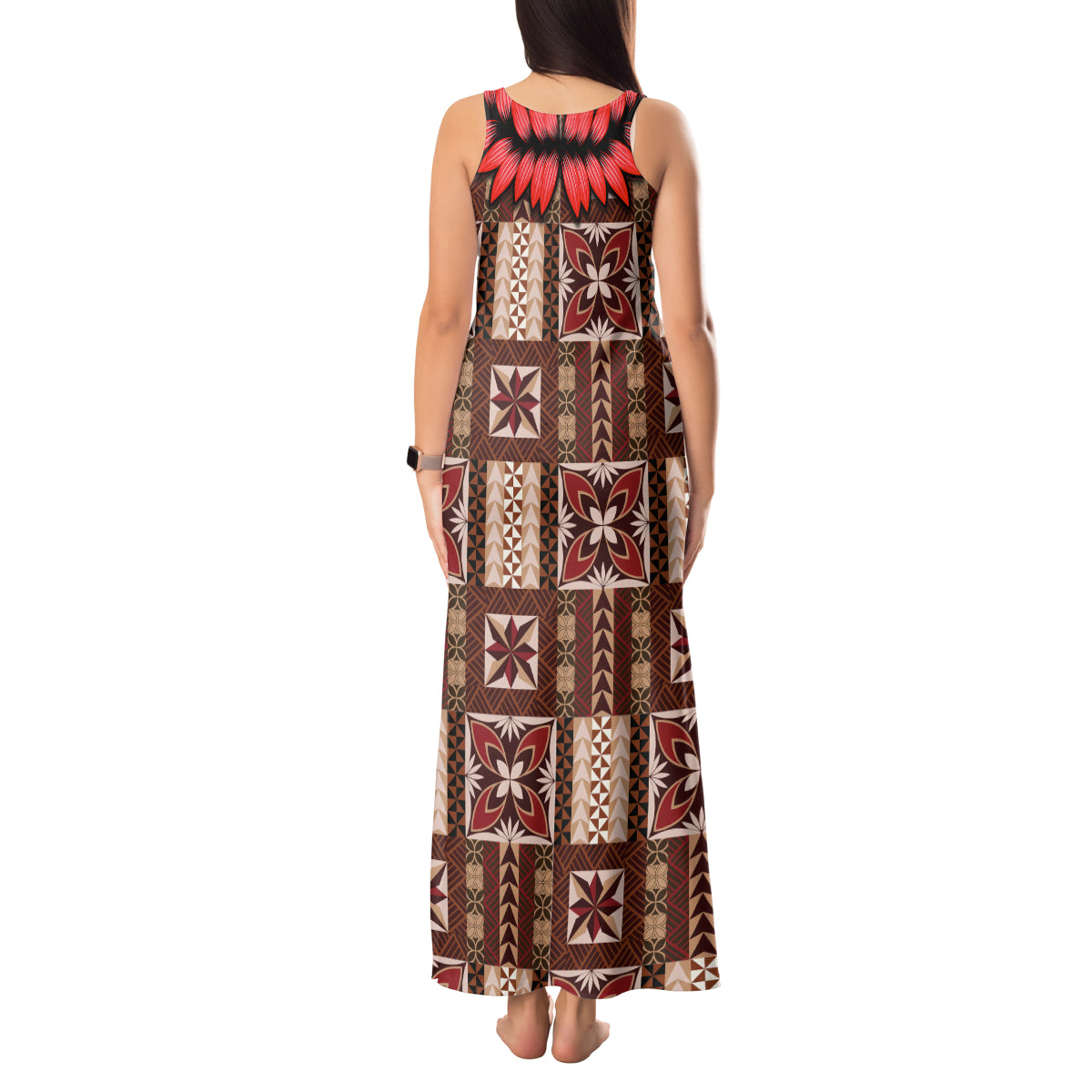 Samoa Siapo Tank Maxi Dress Tapa Pattern Mix Ula Fala Hibiscus LT14 - Polynesian Pride