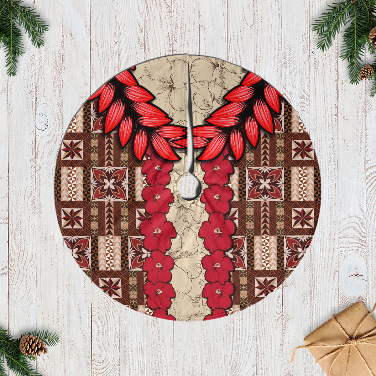 Samoa Siapo Tree Skirt Tapa Pattern Mix Ula Fala Hibiscus LT14 Casual Tree Skirts Brown - Polynesian Pride