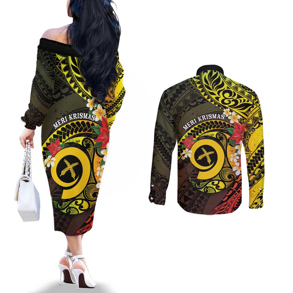 Vanuatu Christmas Couples Matching Off The Shoulder Long Sleeve Dress and Long Sleeve Button Shirt Vanuatuan Pig Tusk - Meri Krismas!