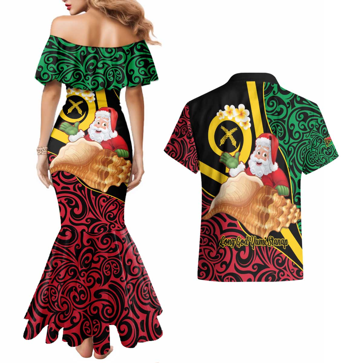 Vanuatu Christmas Couples Matching Mermaid Dress and Hawaiian Shirt Vanuatuan Conch Shell - Meri Krismas!