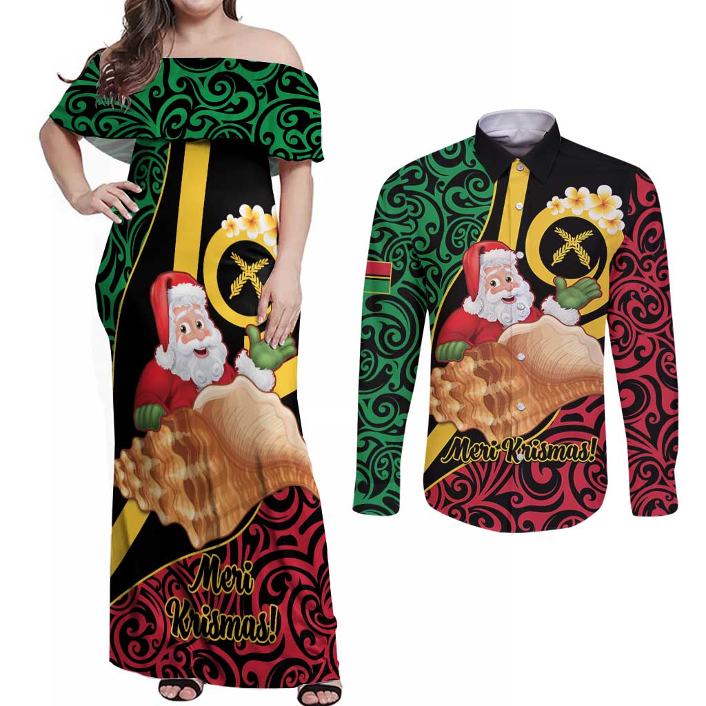 Vanuatu Christmas Couples Matching Off Shoulder Maxi Dress and Long Sleeve Button Shirt Vanuatuan Conch Shell - Meri Krismas! LT14 Black - Polynesian Pride