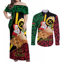 Vanuatu Christmas Couples Matching Off Shoulder Maxi Dress and Long Sleeve Button Shirt Vanuatuan Conch Shell - Meri Krismas! LT14 Black - Polynesian Pride