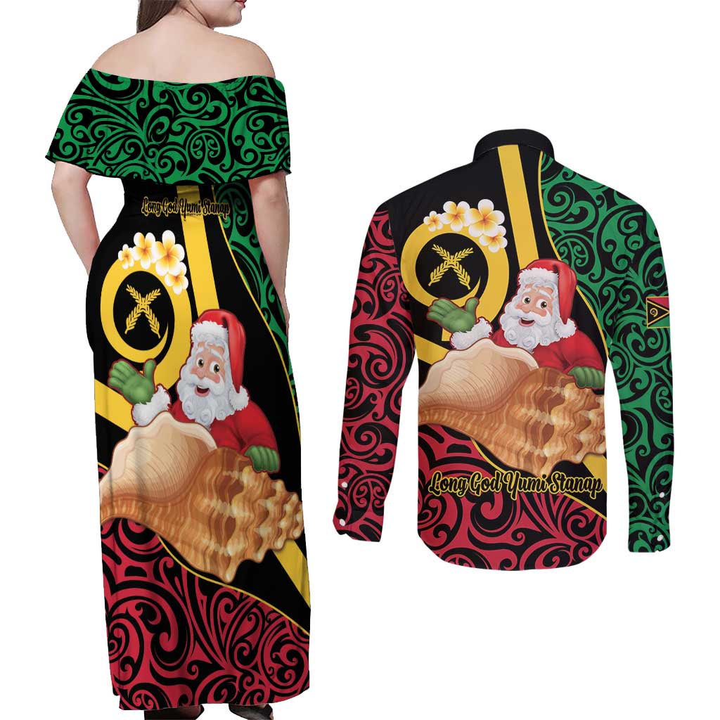 Vanuatu Christmas Couples Matching Off Shoulder Maxi Dress and Long Sleeve Button Shirt Vanuatuan Conch Shell - Meri Krismas! LT14 - Polynesian Pride