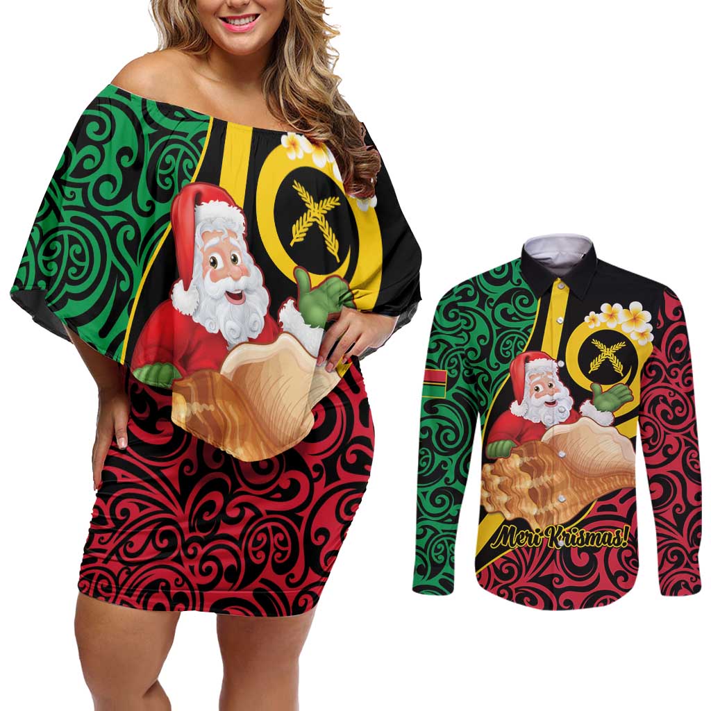 Vanuatu Christmas Couples Matching Off Shoulder Short Dress and Long Sleeve Button Shirt Vanuatuan Conch Shell - Meri Krismas! LT14 Black - Polynesian Pride