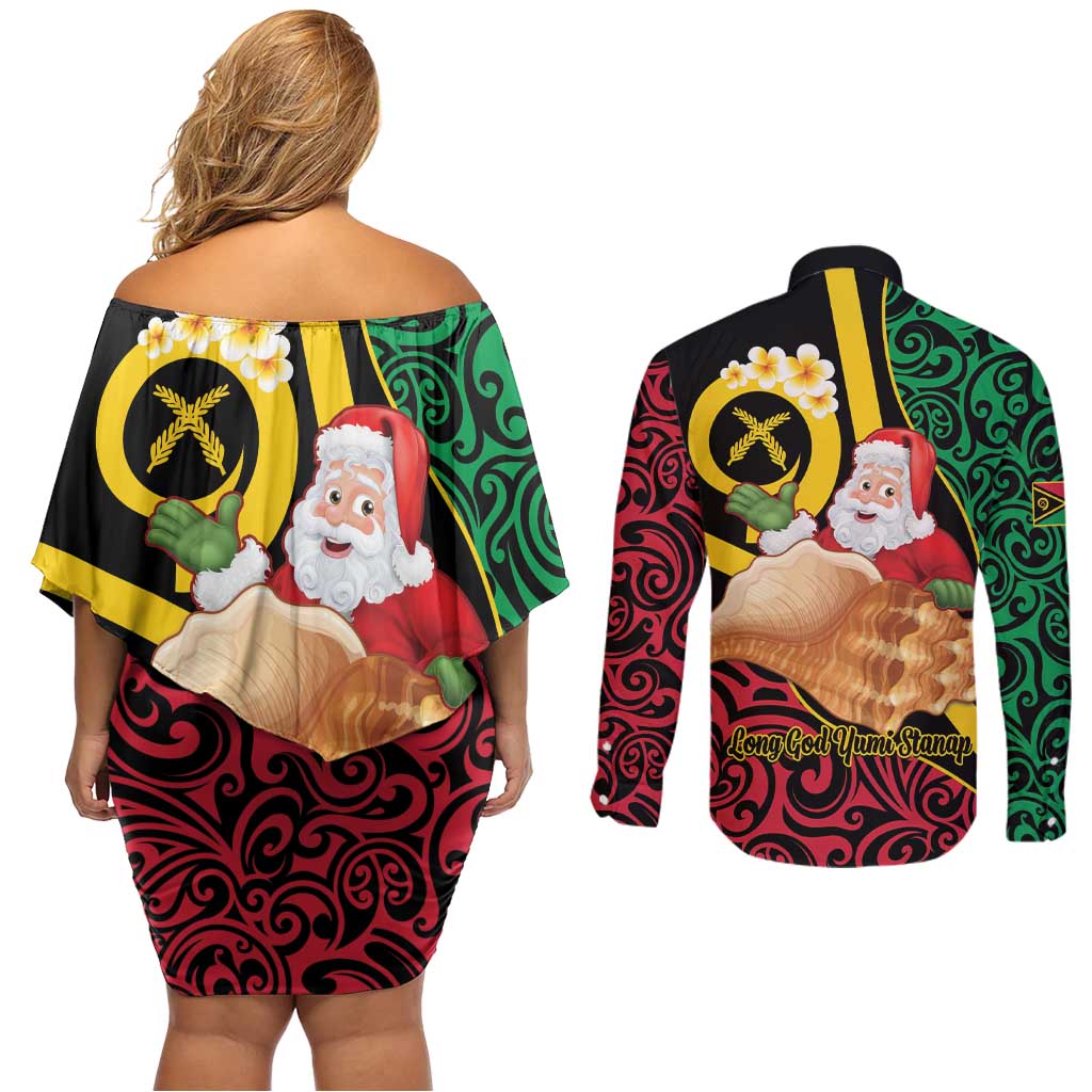 Vanuatu Christmas Couples Matching Off Shoulder Short Dress and Long Sleeve Button Shirt Vanuatuan Conch Shell - Meri Krismas! LT14 - Polynesian Pride
