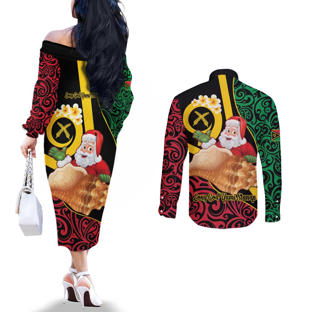 Vanuatu Christmas Couples Matching Off The Shoulder Long Sleeve Dress and Long Sleeve Button Shirt Vanuatuan Conch Shell - Meri Krismas!