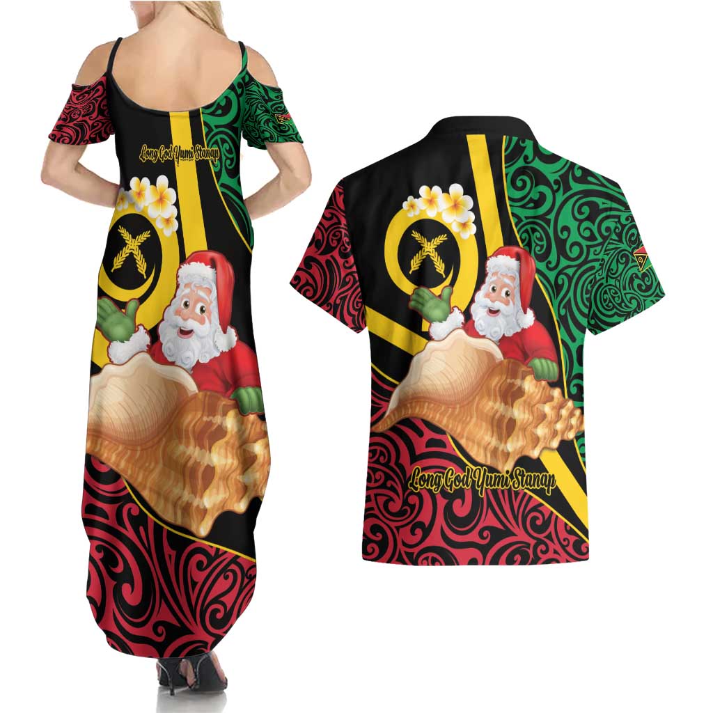 Vanuatu Christmas Couples Matching Summer Maxi Dress and Hawaiian Shirt Vanuatuan Conch Shell - Meri Krismas!