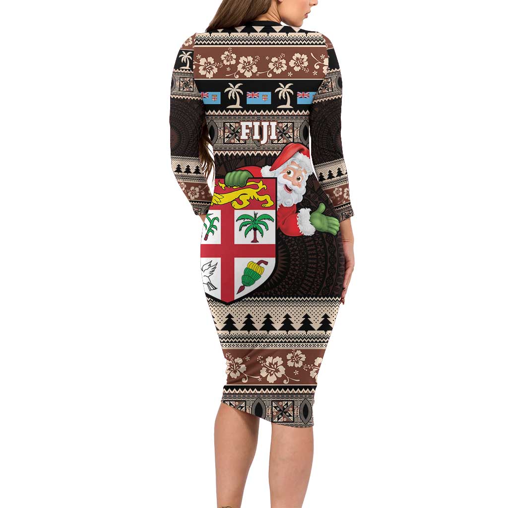 Fiji Christmas Family Matching Long Sleeve Bodycon Dress and Hawaiian Shirt Fijian Masi Marau na Kerisimasi! - Brown
