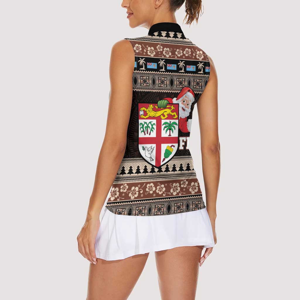 Fiji Christmas Women Sleeveless Polo Shirt Fijian Masi Marau na Kerisimasi! - Brown