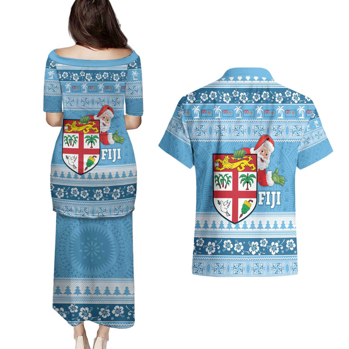 Fiji Christmas Couples Matching Puletasi and Hawaiian Shirt Fijian Masi Marau na Kerisimasi! - Blue
