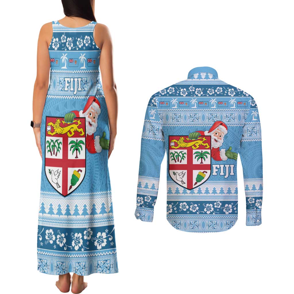 Fiji Christmas Couples Matching Tank Maxi Dress and Long Sleeve Button Shirt Fijian Masi Marau na Kerisimasi! - Blue