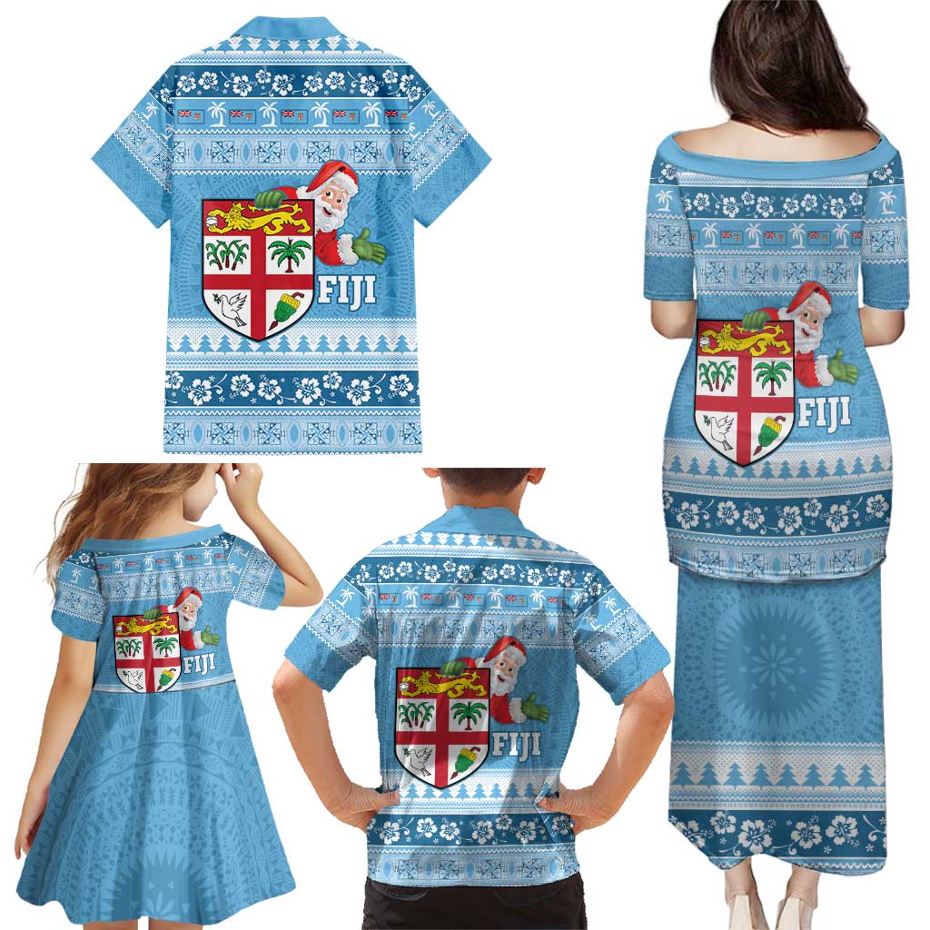 Fiji Christmas Family Matching Puletasi and Hawaiian Shirt Fijian Masi Marau na Kerisimasi! - Blue