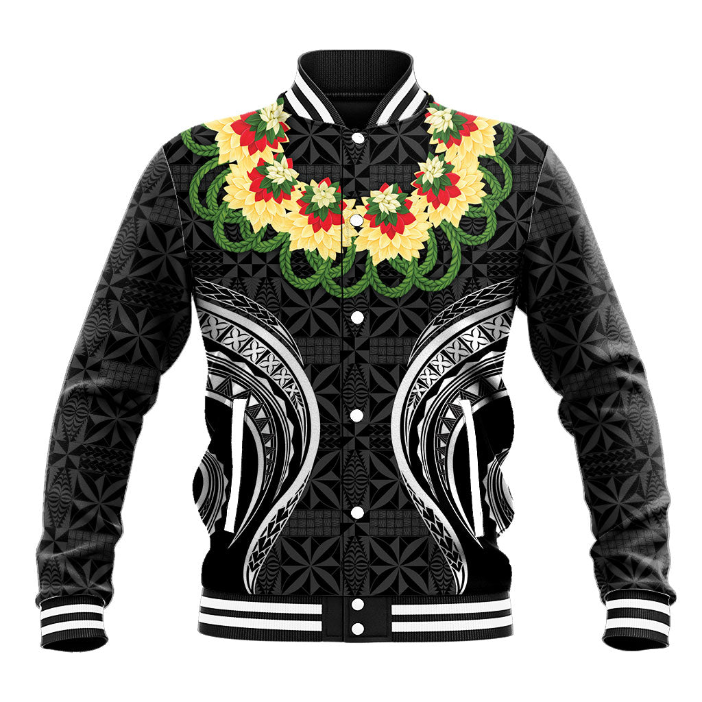 Black Tonga Ngatu Kahoa Lei Baseball Jacket