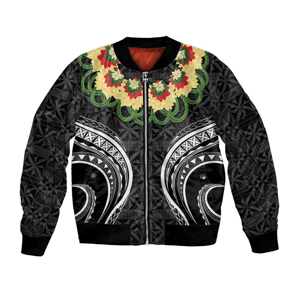 Black Tonga Ngatu Kahoa Lei Bomber Jacket