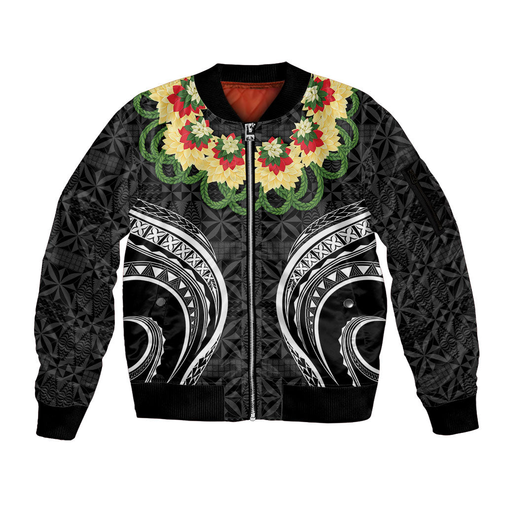 Black Tonga Ngatu Kahoa Lei Sleeve Zip Bomber Jacket