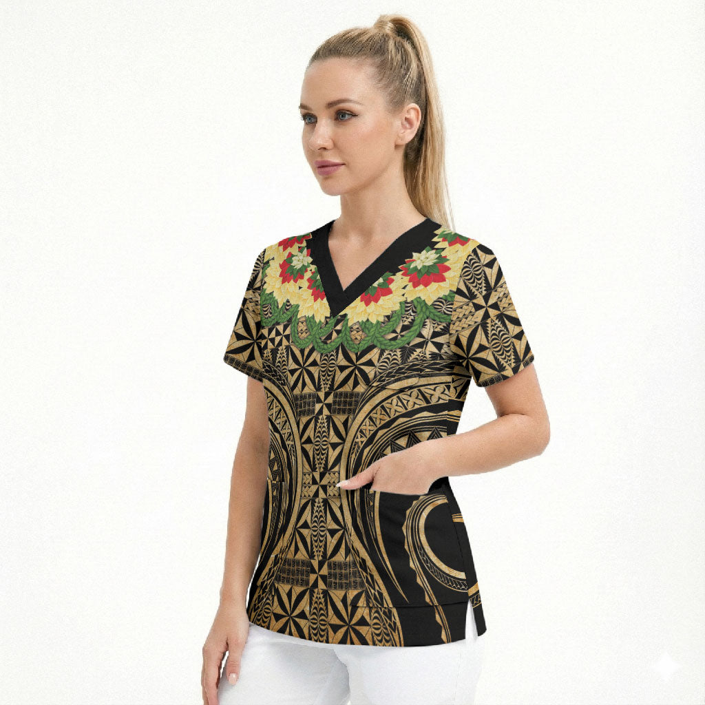 Grunge Gold Tonga Ngatu Kahoa Lei Scrub Top LT14 - Polynesian Pride