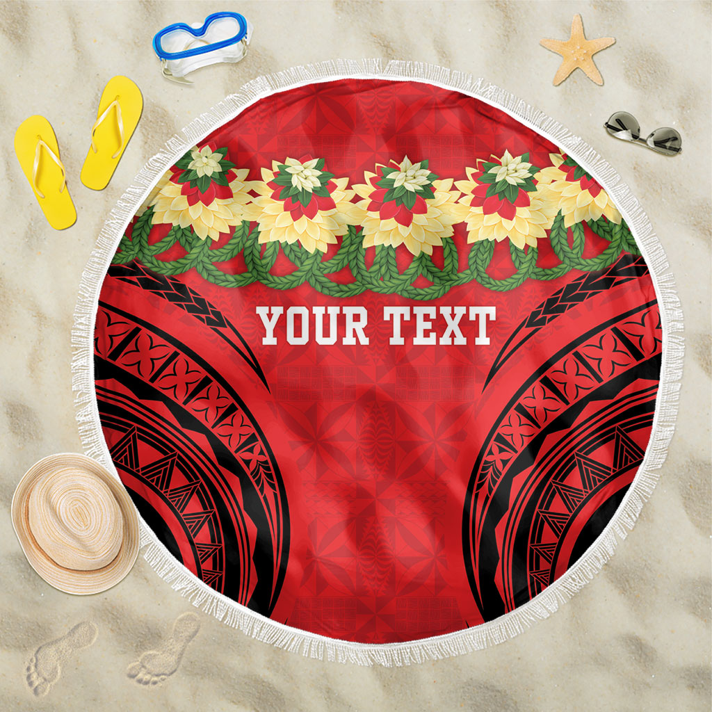 Personalised Red Tonga Ngatu Kahoa Lei Beach Blanket