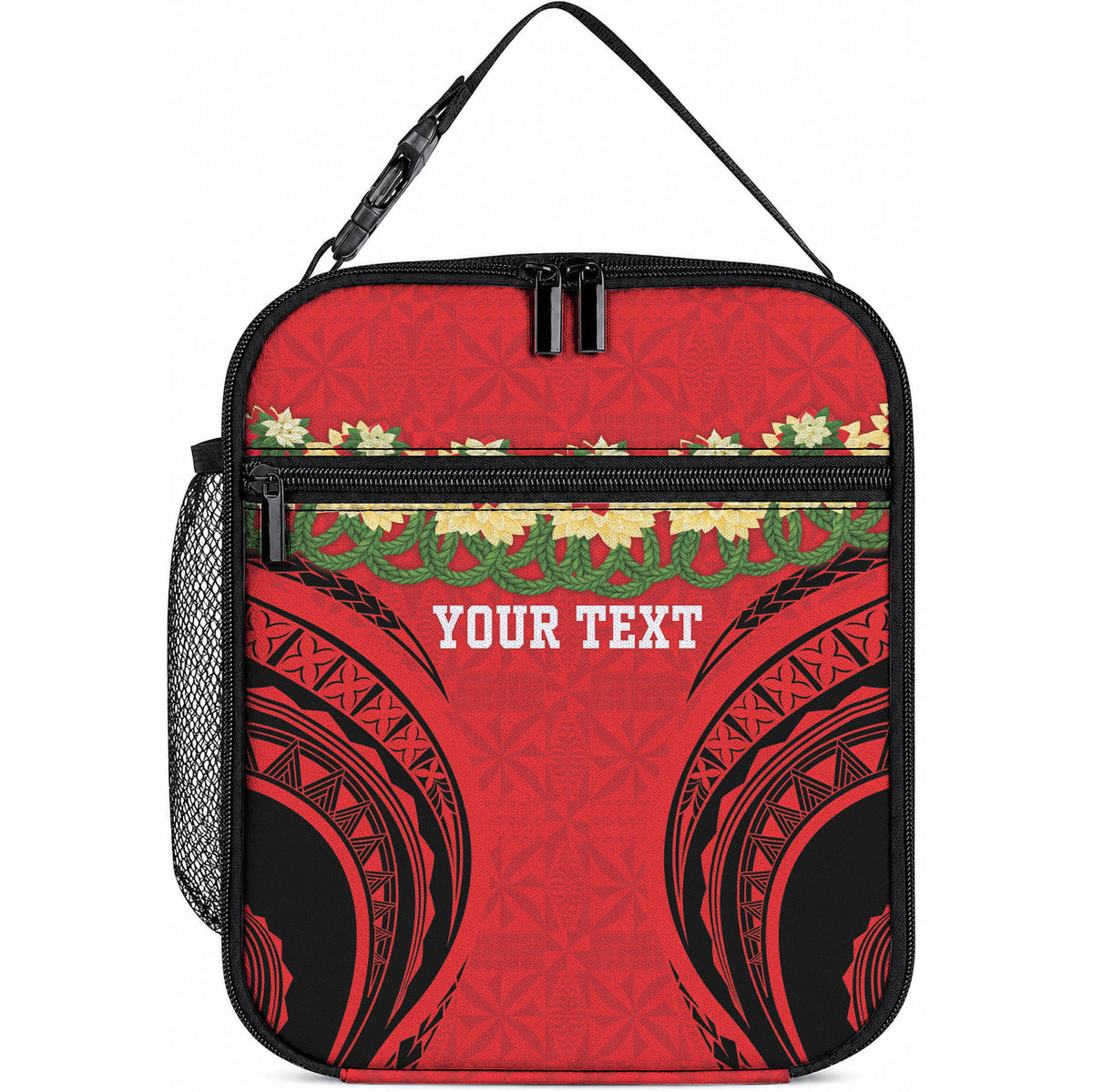Personalised Red Tonga Ngatu Kahoa Lei Lunch Bag