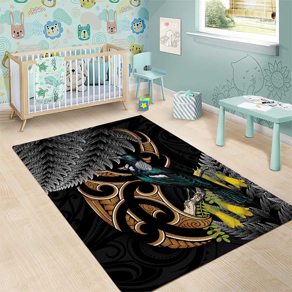 Aotearoa Kowhai Tui Bird Area Rug Maori Ngaru With Silver Fern