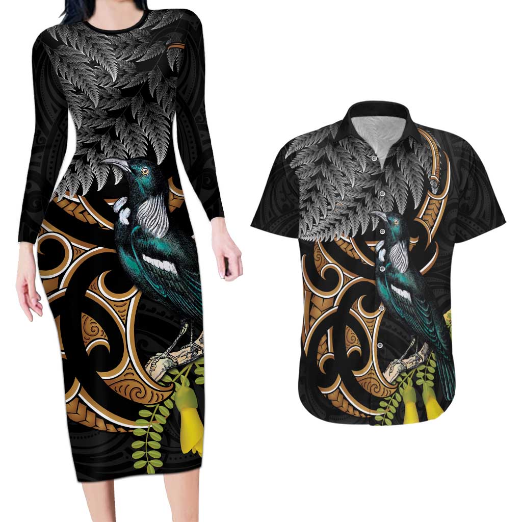 Aotearoa Kowhai Tui Bird Couples Matching Long Sleeve Bodycon Dress and Hawaiian Shirt Maori Ngaru With Silver Fern