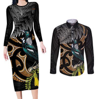 Aotearoa Kowhai Tui Bird Couples Matching Long Sleeve Bodycon Dress and Long Sleeve Button Shirt Maori Ngaru With Silver Fern