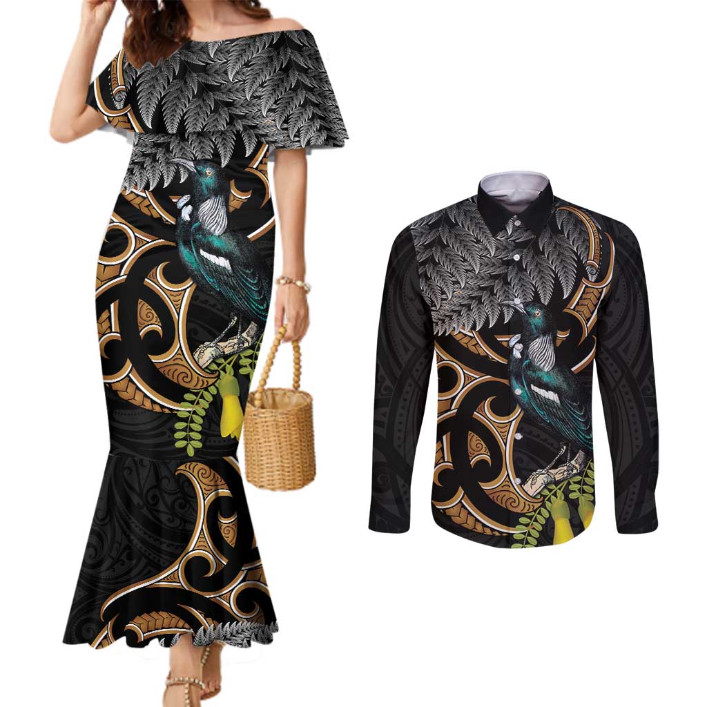 Aotearoa Kowhai Tui Bird Couples Matching Mermaid Dress and Long Sleeve Button Shirt Maori Ngaru With Silver Fern
