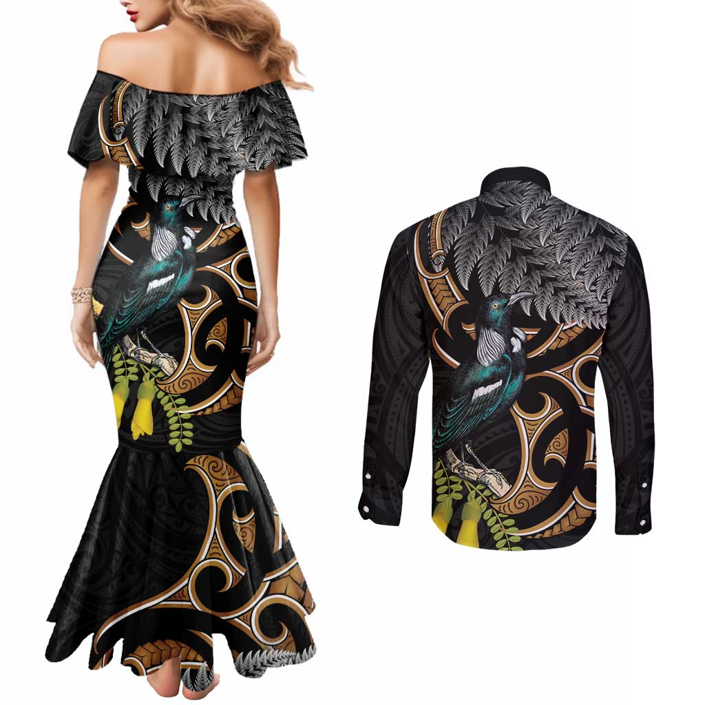 Aotearoa Kowhai Tui Bird Couples Matching Mermaid Dress and Long Sleeve Button Shirt Maori Ngaru With Silver Fern