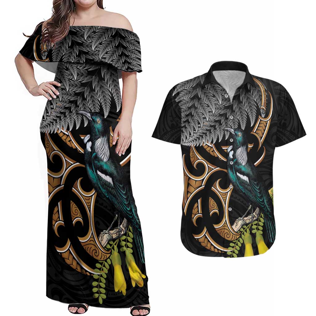 Aotearoa Kowhai Tui Bird Couples Matching Off Shoulder Maxi Dress and Hawaiian Shirt Maori Ngaru With Silver Fern
