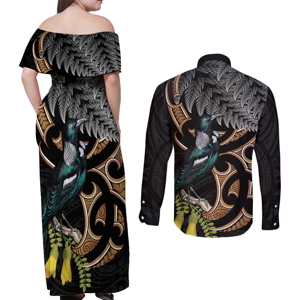 Aotearoa Kowhai Tui Bird Couples Matching Off Shoulder Maxi Dress and Long Sleeve Button Shirt Maori Ngaru With Silver Fern