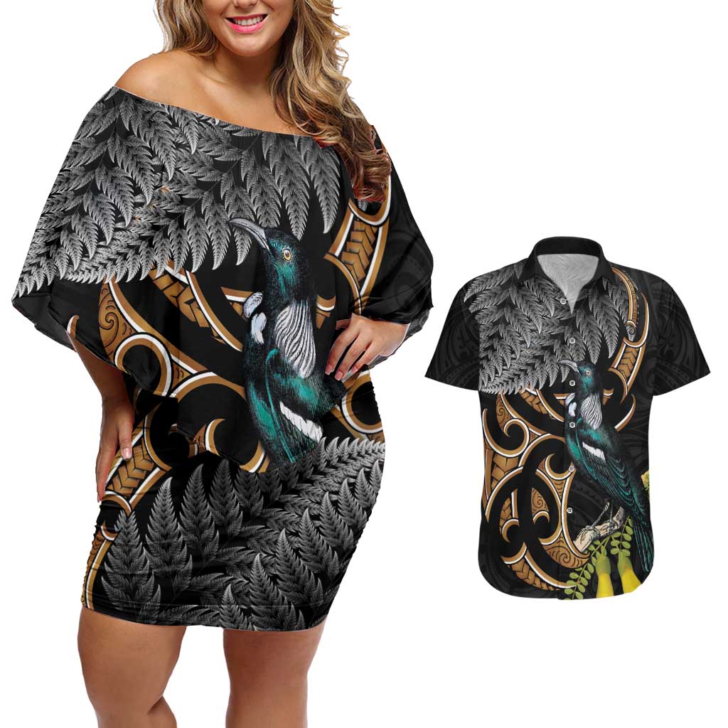 Aotearoa Kowhai Tui Bird Couples Matching Off Shoulder Short Dress and Hawaiian Shirt Maori Ngaru With Silver Fern